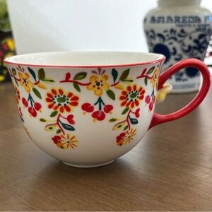 Anthropologie Cadiz Floral Porcelain Coffee Mug /Tea Cup with Red Handle